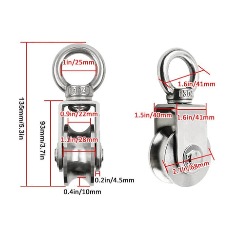 Pulley, Pulley Wheel, 2pcs Heavy Duty Sheaves Track Pulley, 304 Stainless Steel Directional Roller, 360° Rotating Ring, dimensions shown