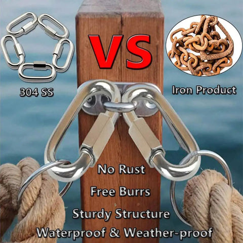 Heavy Duty Quick Link 304 Stainless Steel D Shape Locking Carabiner used in outdoor settings, compared with iron product.