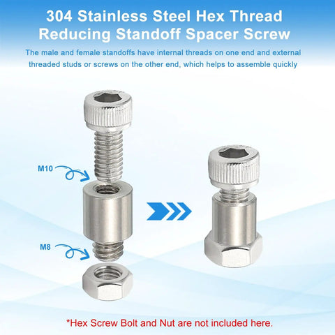 Reducing Standoff Screws M5x10mm to M6x12mm, 304 Stainless Steel, 6 Pack, PCB and Motherboard Spacers shown with hex bolts.