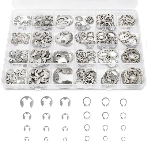 312 Piece Retaining Ring Kit With E Clips And External C Clips In 304 Stainless Steel, assorted sizes in a clear storage case for DIY repairs
