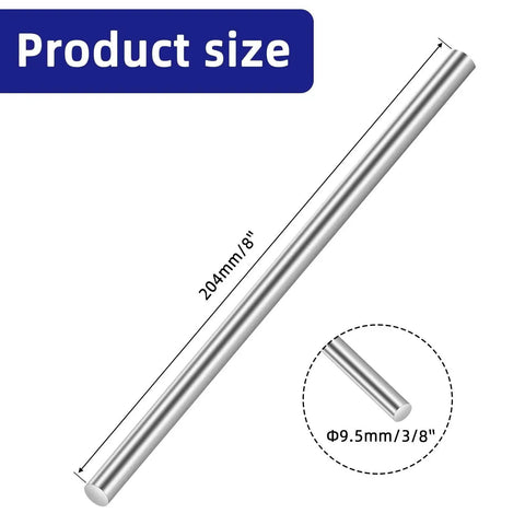 Image showing dimensions of a 0.375 Inch Diameter 8 Inch Long 304 Stainless Steel Solid Round Rods Set of 2 for DIY Metalworking Crafting and Model Building.