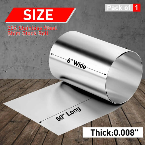 304 Stainless Steel Shim Stock Roll 50 Inch Long 6 Inch Wide 0.008 Inch Thick Full Hard Temper For Crafts And Electronics