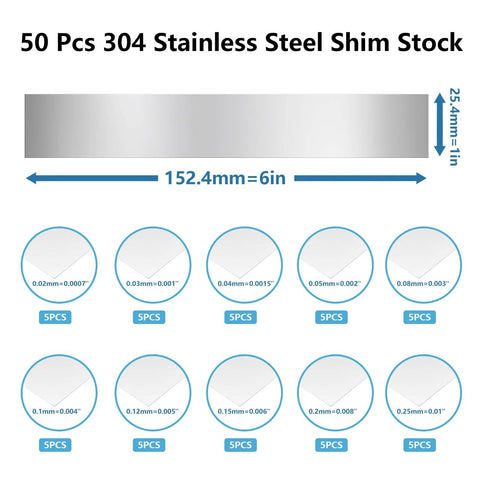 50-Piece 304 Stainless Steel Shim Stock Assortment, 1 Inch Width By 6 Inch Length, 0.0007 To 0.01 Inch Thick Thin Metal Strips