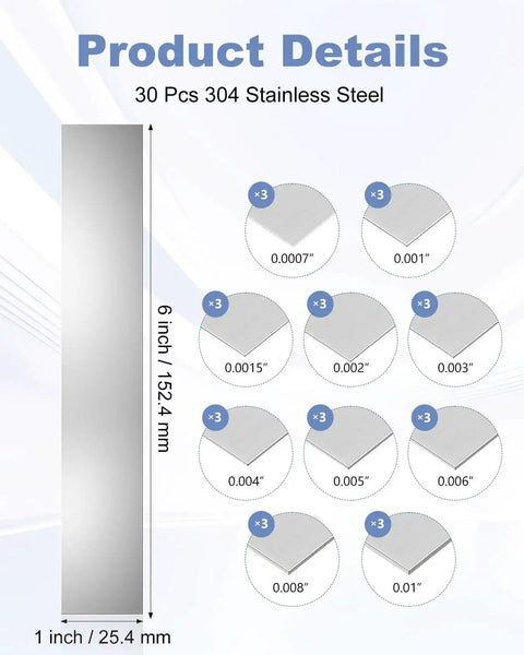 Premium Pro Grade 304 Stainless Steel Shim Stock Set 30 Pcs For Leveling And Gap Filling 1 Inch Width By 6 Inch Length With Multi Thickness