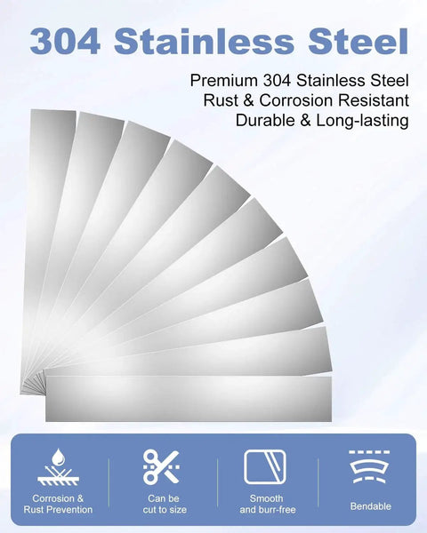 Premium Pro Grade 304 Stainless Steel Shim Stock Set 30 Pcs, fanned sheets showing durability and corrosion resistance.