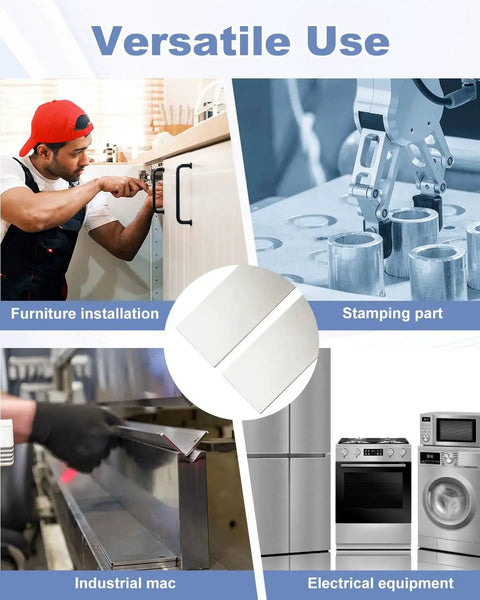 Collage showing versatile uses of Premium Pro Grade 304 Stainless Steel Shim Stock Set in furniture, stamping, and industrial equipment.