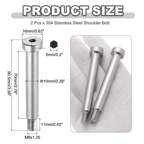 Heavy Duty 2 Pack 304 Stainless Steel Shoulder Bolts With 10mm Shoulder Diameter And 70mm Shoulder Length M8 x 1.25 Thread