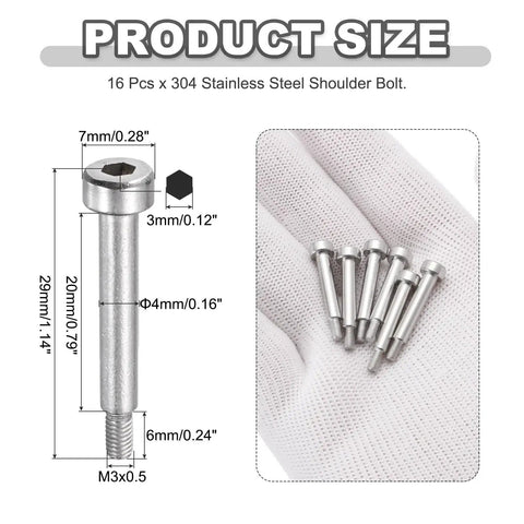 Product details of 16 Pcs 304 Stainless Steel Shoulder Bolts with Hex Socket for heavy industry use. Includes size and thread info.