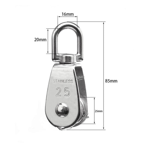 304 Stainless Steel Pully Single Wheel Swivel Pulley Block Lifting Rope 25mm Set, front view with dimensions visible