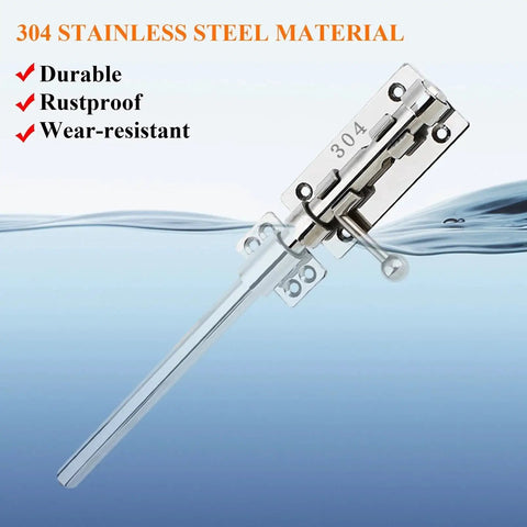 Close-up of Slide Bolt Gate Latch Thickened 304 Stainless Steel Heavy Duty Barrel Bolt with padlock hole and dust canister.