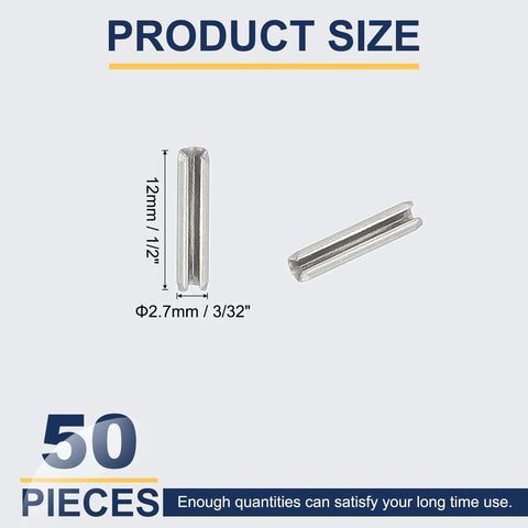 Slotted Spring Pin, 50 Pcs 3/32" x 1/2" (2.7mm x 12mm) 304 Stainless Steel Split Roll Pins Spring Dowel size diagram.