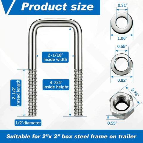 Heavy Duty 4 Piece 304 Stainless Steel Square U Bolts Set for Boat Trailers with Washers Lock Washers Nylon Lock Nuts and Nuts Half Inch Diameter by Two and One Sixteenth Inch Wide by Four and Three Quarters Inches, showing product size and dimensions.