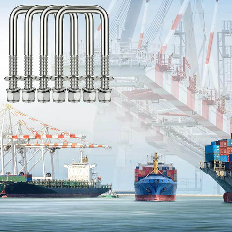 Heavy Duty 4 Piece 304 Stainless Steel Square U Bolts Set for Boat Trailers with Washers Lock Washers Nylon Lock Nuts and Nuts Half Inch Diameter by Two and One Sixteenth Inch Wide by Four and Three Quarters Inches