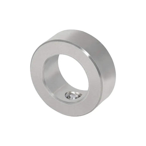 Close-up of 304 stainless steel axle shaft collar with set screw, three-eighths inch bore, part of four-piece kit for gearboxes and more.