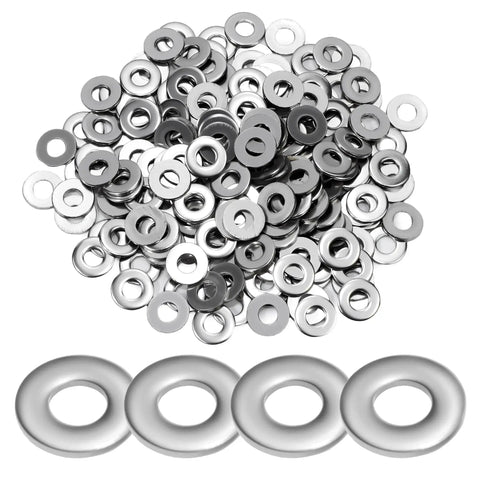 304 Stainless Steel Pop Rivet Backup Washers Kit For 5mm Rivets displayed in a pile with four close-up deburred washers.