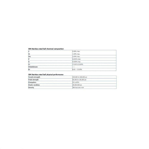Image showing 304 stainless steel ball chemical composition and physical performance table for 25mm 5PCS Ceramic Balls 304 Stainless Steel Mirror Ball Seamless Hollow Sphere for Garden Decorations Steel Balls Precision Balls.