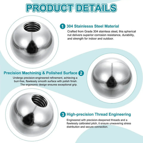 6 Pcs M6 By 25mm Ball Knob Nuts crafted from 304 stainless steel with polished surface and round silver finish