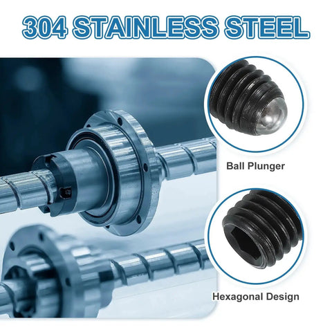 304 stainless steel components with close-ups of ball plunger and hexagonal design for M6x12mm Ball Point Set Screws 10 Pcs.