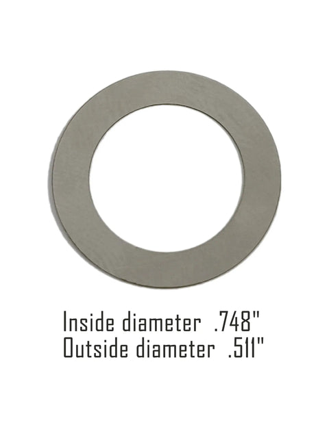14 Pack Half Inch 28 TPI Barrel Shim Kit for .223 and 5.56 Muzzle Brakes showing single shim dimensions .748" ID, .511" OD