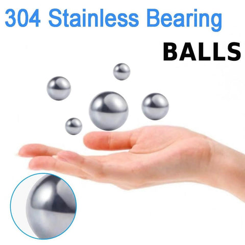 Hand holding various sizes of 304 stainless steel bearing balls with text "304 Stainless Bearing Balls."