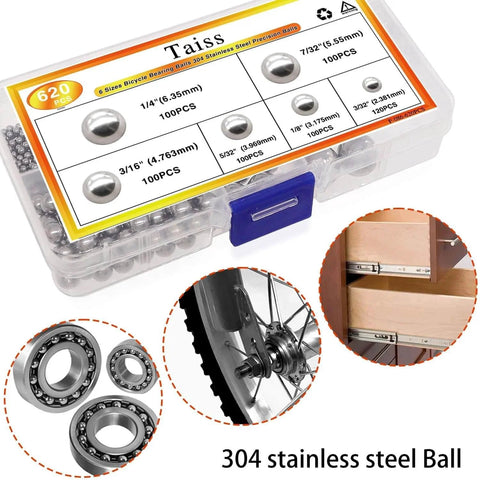 620PCS 304 Stainless Steel Precision Balls,Bicycle Bearing Balls Assortment Kit with various sizes and bicycle and drawer applications