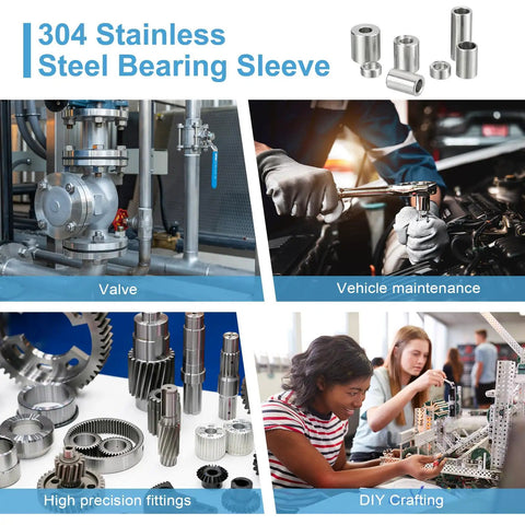 Durable Stainless Steel Spacers Kit For One Quarter Inch Screws And M6 Bolts Six Pieces 6mm ID By 10mm OD By 5mm Thick Unthreaded Round Bushings 304 Grade Heavy Duty Standoff Spacers For Rotating Assemblies displayed with industrial usage.