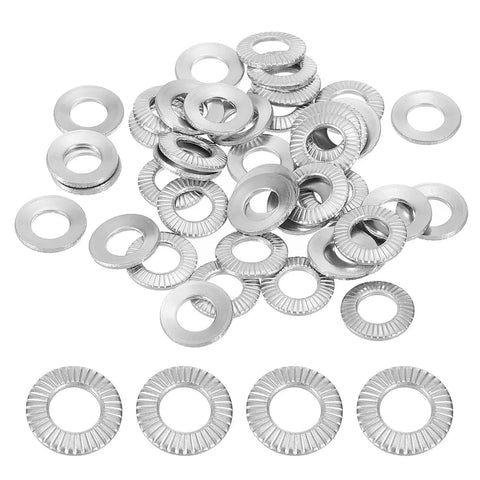 304 Stainless Steel Belleville Washer M5x10mm Conical Knurled Pack Of 50, shown in assorted angles