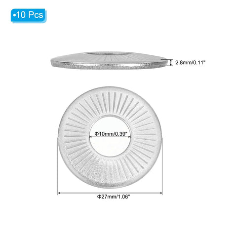 304 Stainless Steel Belleville Spring Washers M10x27 Conical Knurled Pack Of 10, showing dimensions and knurled edge design.