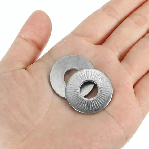304 Stainless Steel Belleville Spring Washers M10x27 Conical Knurled Pack Of 10 held in hand
