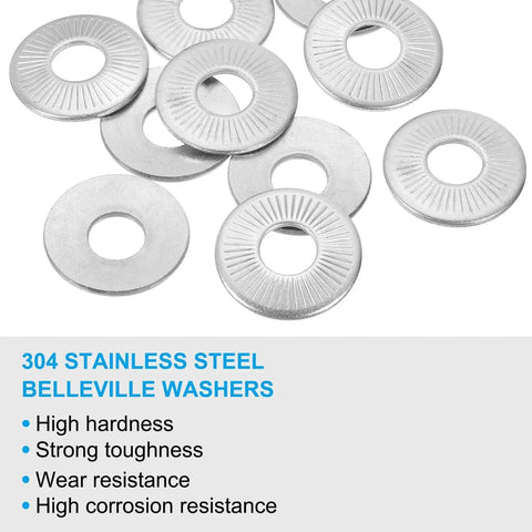 304 Stainless Steel Belleville Spring Washers M10x27 Conical Knurled Pack Of 10, lying flat with knurled edges visible, showing wear resistance features.