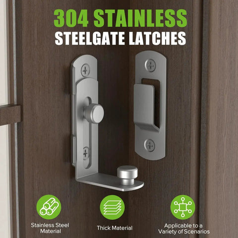 90 Degree Bifold Flip Door Latch In Stainless Steel 304 installed on a wooden door, side view showcasing latch and handle.
