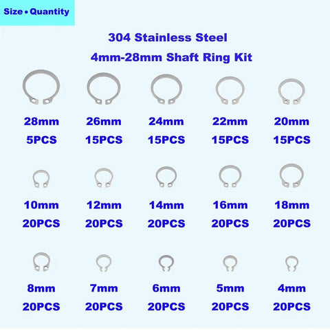 265 Piece Metric Stainless Steel C Clips External Retaining Ring Assortment Kit Includes 15 Sizes With Nominal Diameters 4Mm Through 20Mm For Quick On Hand Fixes Circlips Retaining Rings Automotive Plumbing Machinery Repairs HVAZI display