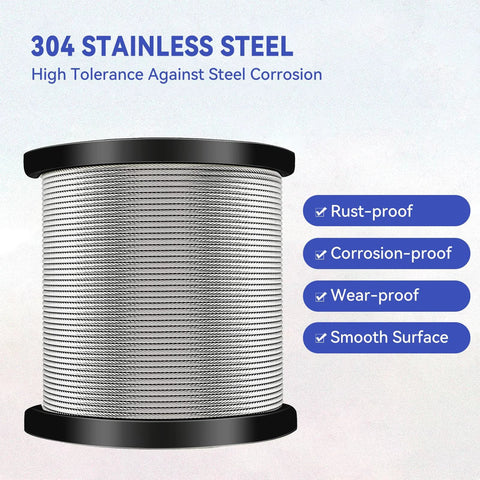 1/4" Stainless Steel Cable,7x19 Strand Aircraft Wire Rope,Cable for Heavy Duty Applications,Outdoor Pulley Cables,Deck Railing,600FT