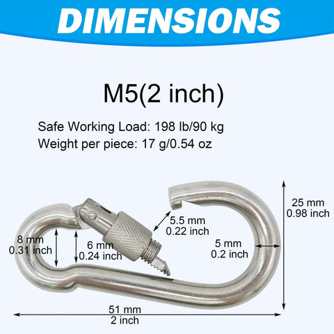 Dimensions of 304 Stainless Steel Carabiners 2 Inch M5 Screw Lock Heavy Duty Rustproof Clips with satin finish.