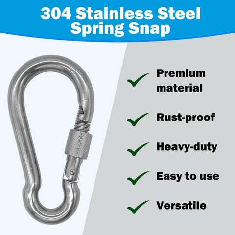 304 Stainless Steel Carabiners 2 Inch M5 Screw Lock Heavy Duty Rustproof Clips with features listed: premium, rust-proof, heavy-duty