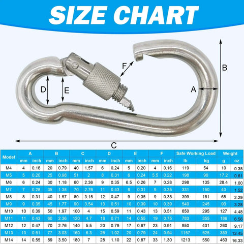 304 Stainless Steel Carabiners 2 Inch M5 Screw Lock Heavy Duty Rustproof Clips For Gym Swing Dog Leashes Hammocks Keychains Size Chart