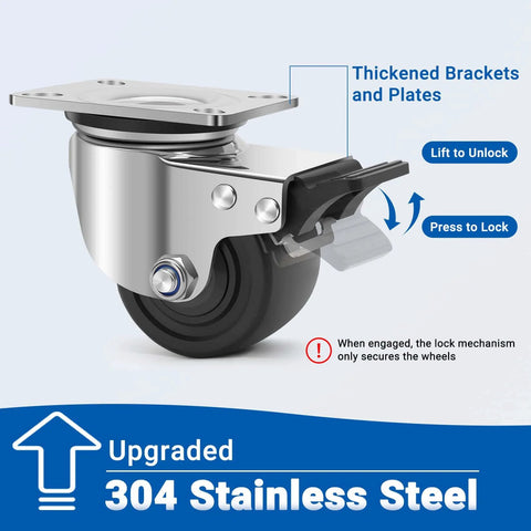 3 inch stainless steel heavy duty caster wheels set of 4 with swivel plate design, casters with brake rated 4400 lbs close-up view.