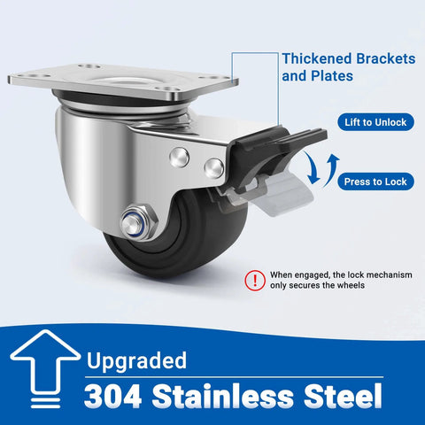 304 stainless steel heavy duty caster wheels with 2.5 inch swivel plate design, showing brake mechanism and thickened brackets.