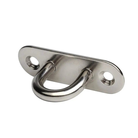 Close-up of a 10-Pack 304 Stainless Steel Ceiling Hook Ring Hook with Enclosed Eye Plate M5 for ceiling, wall rigging, heavy-duty hanging hardware.