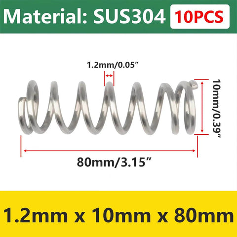 10 Pcs Stainless Steel Compression Springs 1.2mm Wire Diameter 10mm Outer Diameter 80mm Free Length 304 Stainless Steel Heavy Duty Coils For Shop And Home Repair Replacement Parts