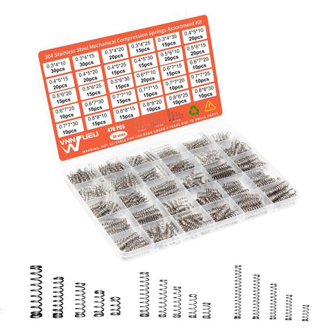 304 Stainless Steel Compression Springs Assortment Kit With 470 Pieces, 30 Sizes, in a plastic storage box
