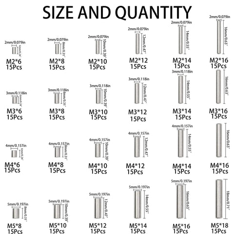 Rock Solid 360 Piece 304 Stainless Steel Dowel Pin Kit With 24 Sizes M2 M3 M4 And M5 size and quantity chart