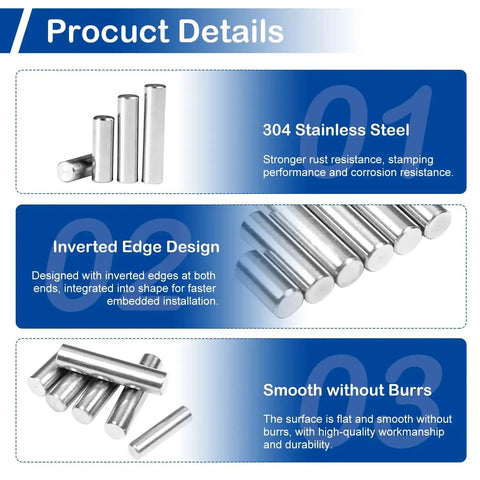 304 Stainless Steel Dowel Pins Set 150Pcs Assortment Kit With 20 Sizes From M2 To M5, corrosion-resistant smooth pins