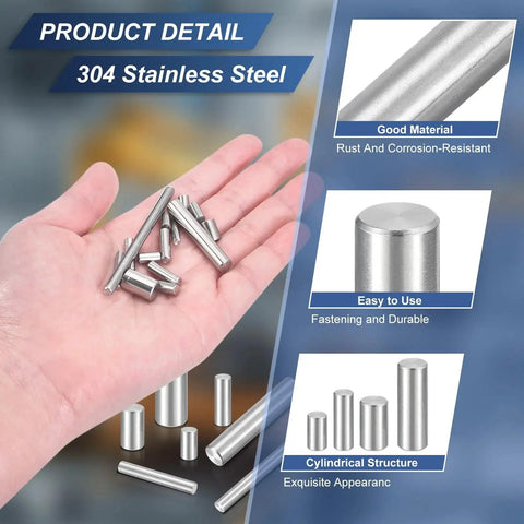 40 Piece M3 Dowel Pins Set, 8mm Long and 3mm Diameter, Made From 304 Stainless Steel, shown in hand for size reference and material quality.