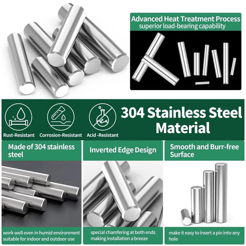 Dowel Pins Set 304 Stainless Steel 28 Sizes 280 Pcs M1.5 To M6 shown with corrosion-resistant features and smooth surface design.