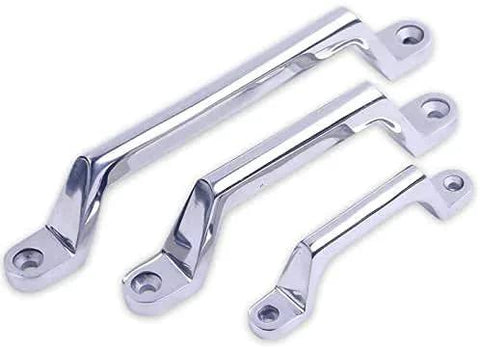Three heavy duty 304 stainless steel drawer cabinet pull handles, polished silver, 100mm center hole for cabinets and drawers, various sizes.