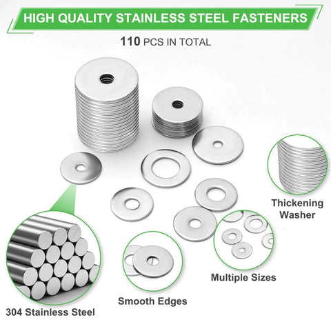 110 Pcs 304 Stainless Steel Metal Flat Washers for Screws and Bolts, assorted sizes M3-M12, displayed stacked and spread out