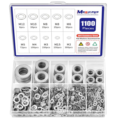 1100 Pcs Flat Washers Assortment Kit – 304 Stainless Steel, 9 Metric Sizes (M2–M12) displayed in an organized plastic case