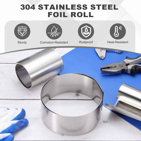 304 Stainless Steel Foil Roll 0.3mm Thick By 10mm Wide And 1m Long For DIYers Kitchen Electronics Auto And Industrial Projects Silver Tone Metal Sheet For Crafting Shielding Hardware Fixes And High Precision Work on workbench next to tools.