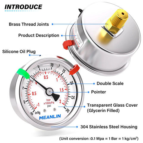 MEANLIN 2.5-inch stainless steel vacuum/pressure gauge, glycerin-filled, 1/8 NPT, center-back mount with two snaps